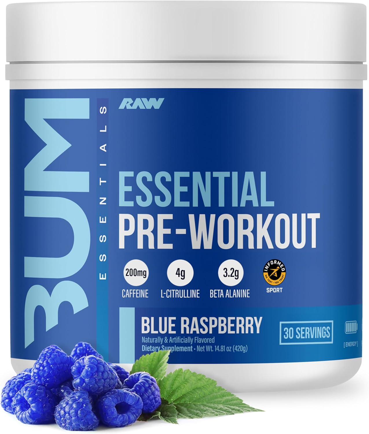 Tub of RAW Nutrition Essential Pre-Workout Powder, Blue Raspberry flavor.