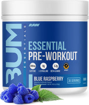 Tub of RAW Nutrition Essential Pre-Workout Powder, Blue Raspberry flavor.