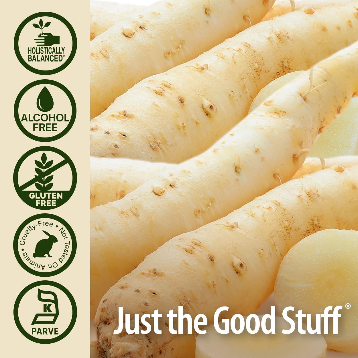 Close-up of white tubers with 'Just the Good Stuff' branding and certification icons on the left.