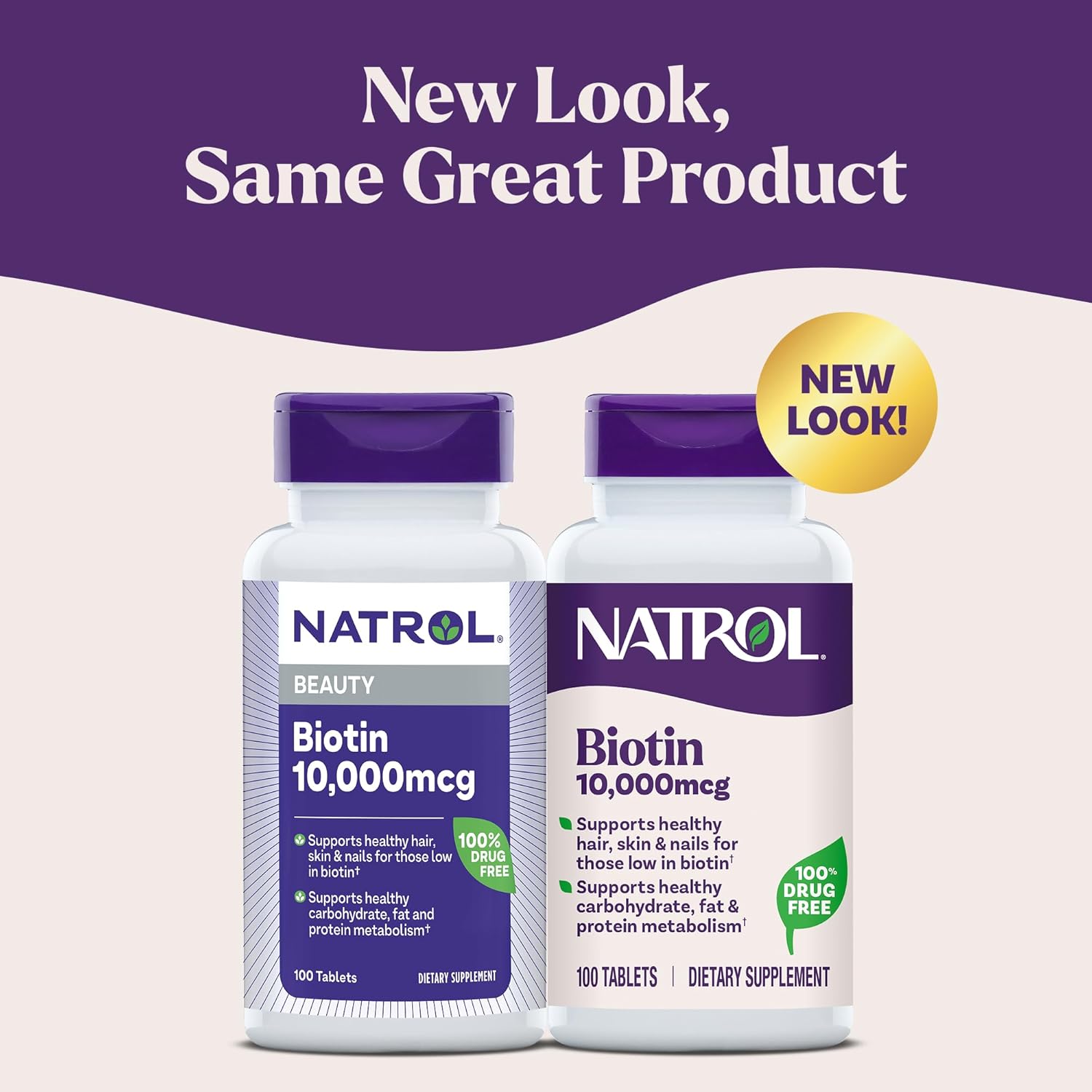 Natrol Biotin 10,000mcg Supplement with Vitamin B7 - 100 Tablets. Old & new packaging.