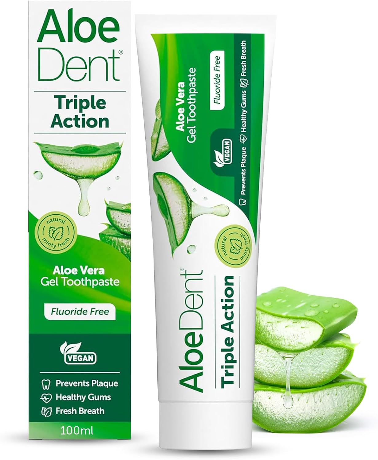 Front Image: Aloe Dent triple action aloe vera toothpaste fluoride free vegetarian 100ml tube & box