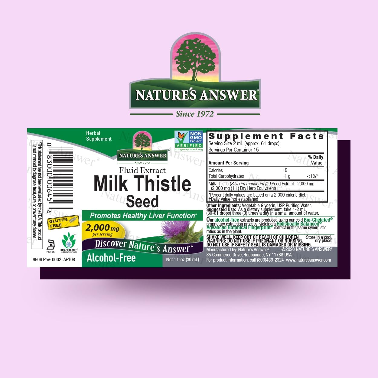 Supplement label for Milk Thistle Seed by Natures Answer on a pink background