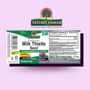 Supplement label for Milk Thistle Seed by Natures Answer on a pink background