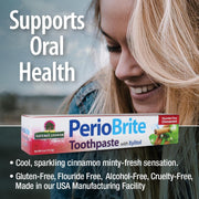 PerioBrite toothpaste box with a woman smiling outdoors, text about product benefits.