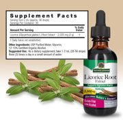 Licorice root extract supplement bottle with label and licorice roots on a beige background