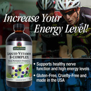 Bottle of Nature's Answer Liquid Vitamin B-Complex with cyclists in the background