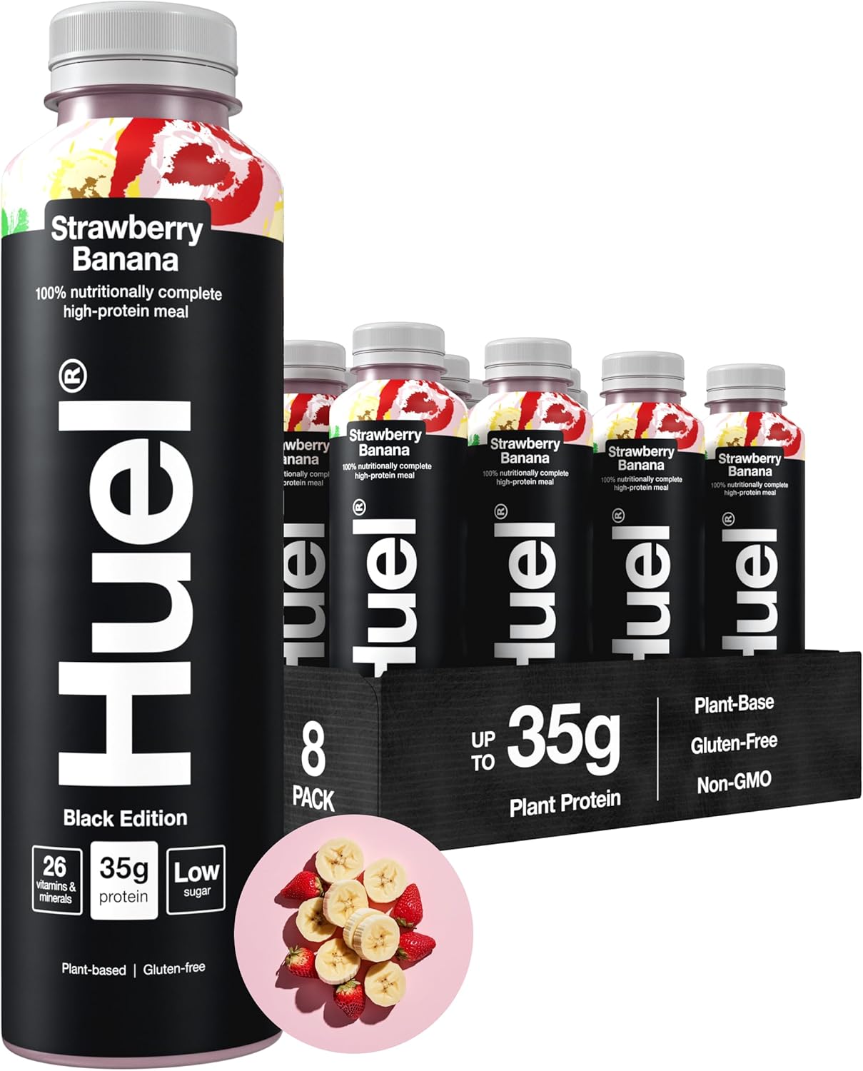 Huel Black Edition Ready-to-Drink Strawberry Banana plant based meal drink bottle packaging 8 pack 500ml bottles