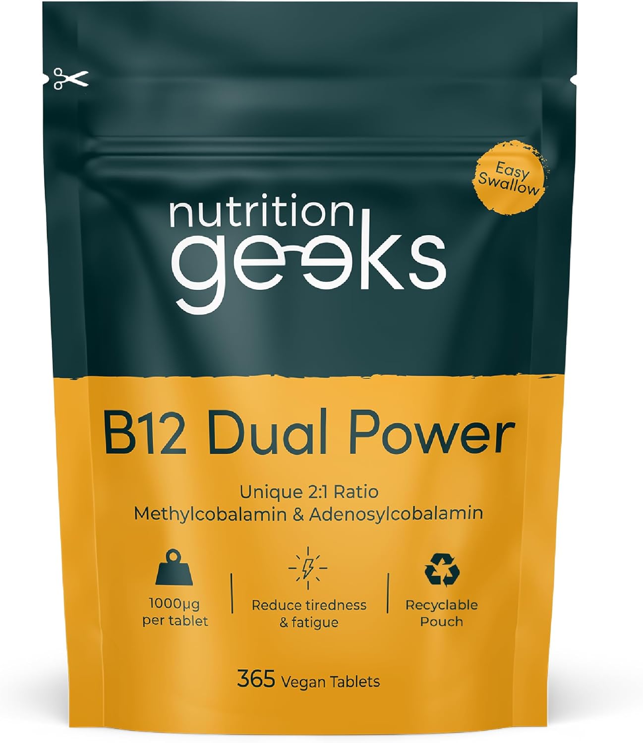 Nutrition Geeks B12 Dual Power, vegan food supplement tablet packaging, no flavour, 365 tablets