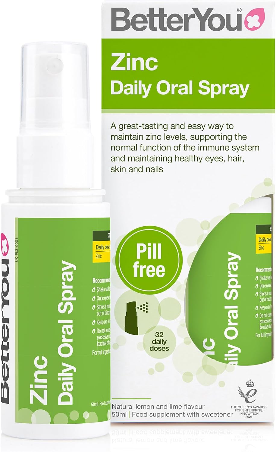 BetterYou Zinc Oral Spray bottle & box, lemon lime flavour, 50ml.
