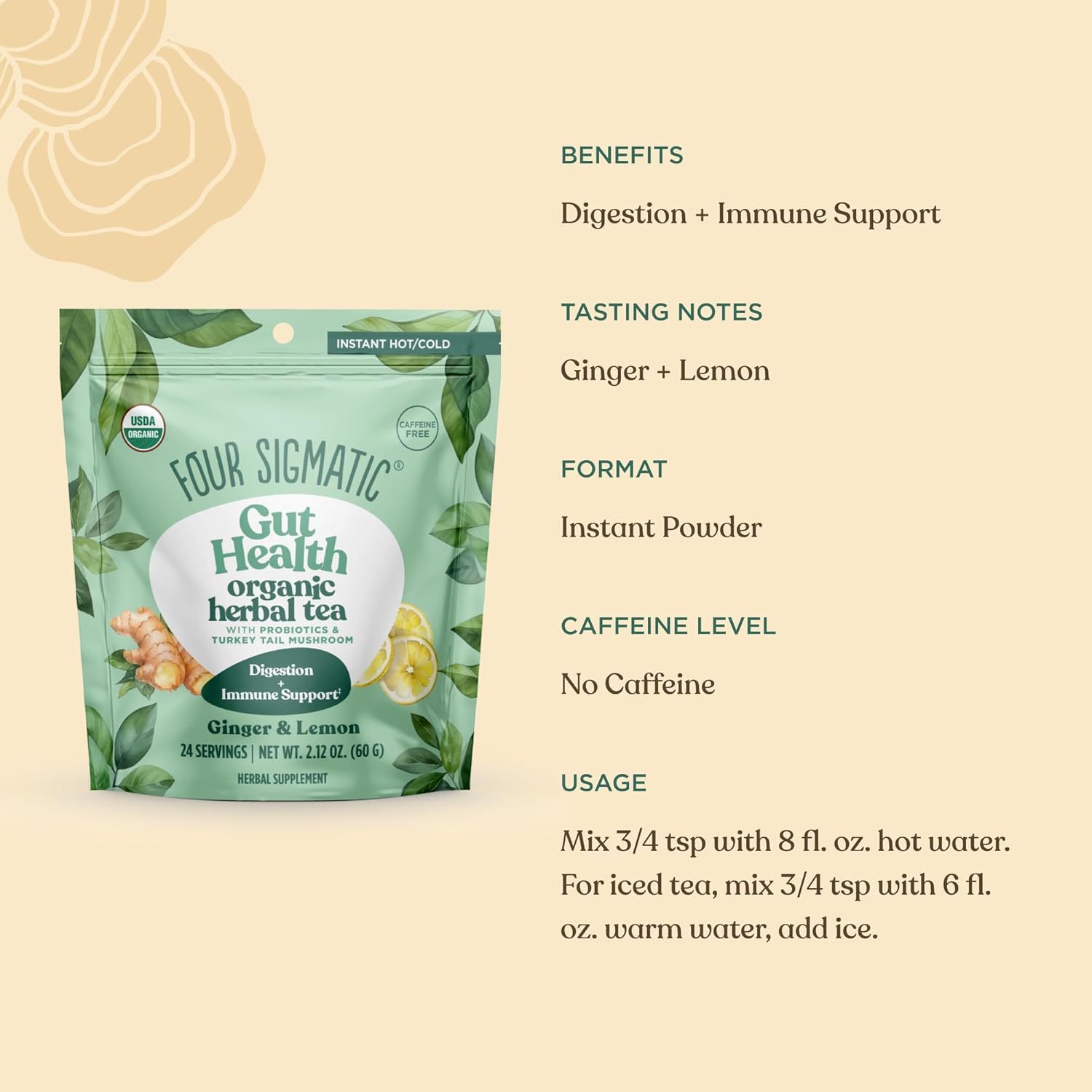 Four Sigmatic Gut Health Organic Herbal Tea – Ginger & Lemon (60.6g)