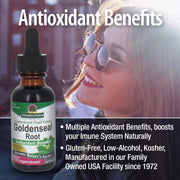 Nature's Answer Goldenseal Root extract bottle with a woman wearing sunglasses and a blurred background.