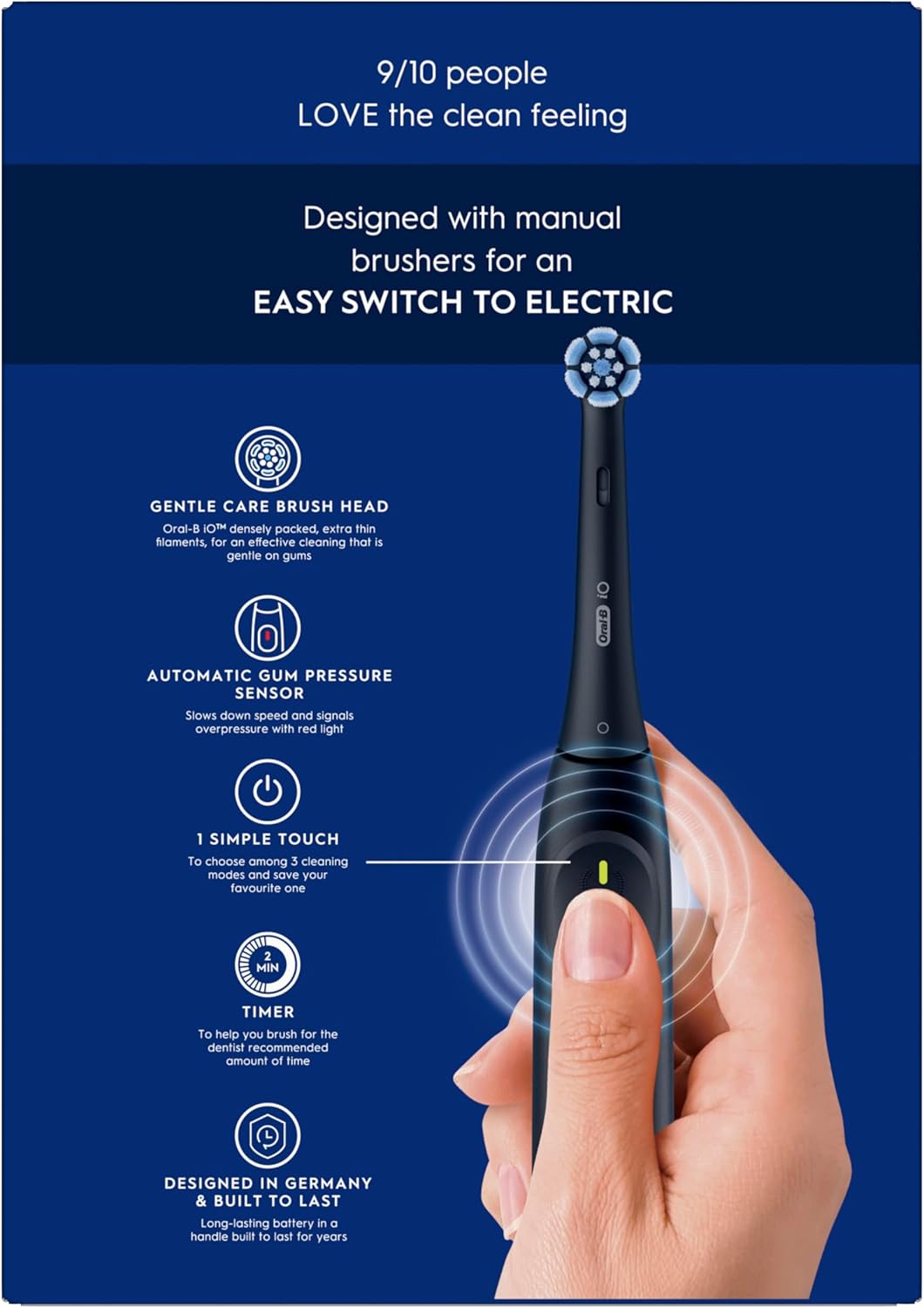 Back of Oral-B iO2 box showing features and specifications.