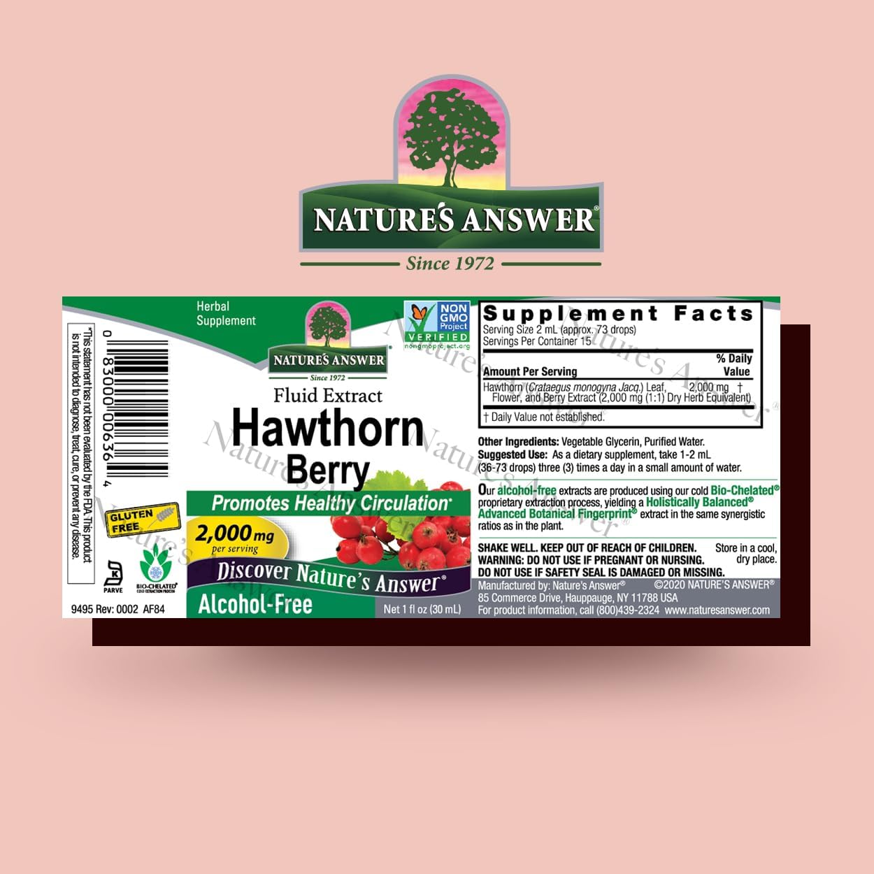 Natures Answer Hawthorn Berry supplement label on a pink background