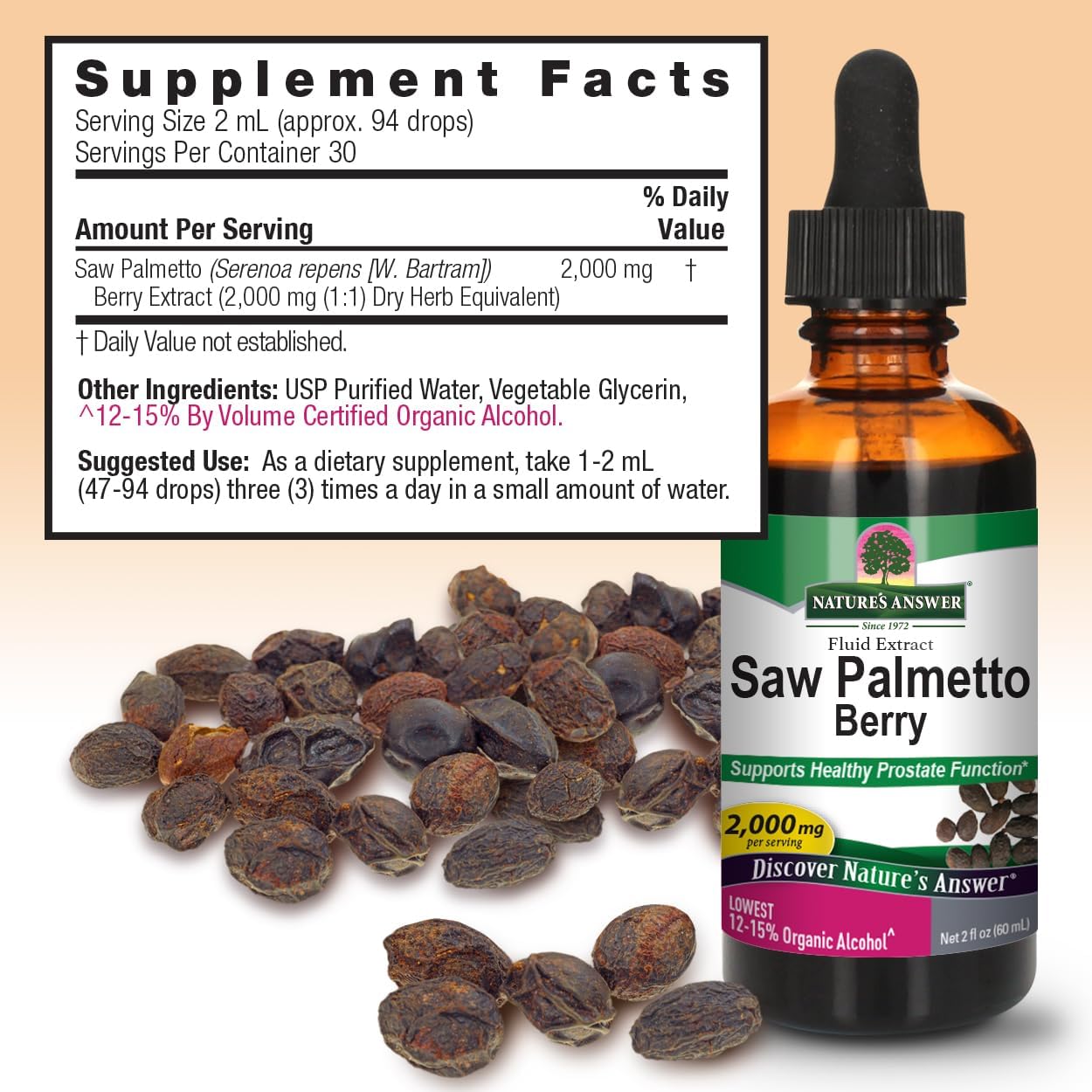 Saw palmetto berry supplement bottle with seeds and label on a beige background