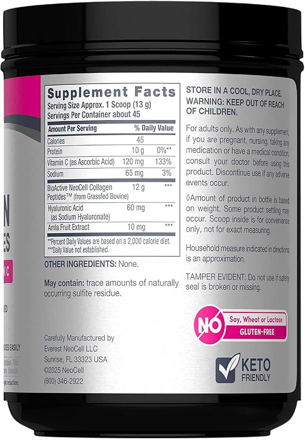 Nutritional label and ingredients for NeoCell 585g Collagen powder.