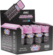 Box of ABE pre-workout energy drinks with visible branding and product packaging.