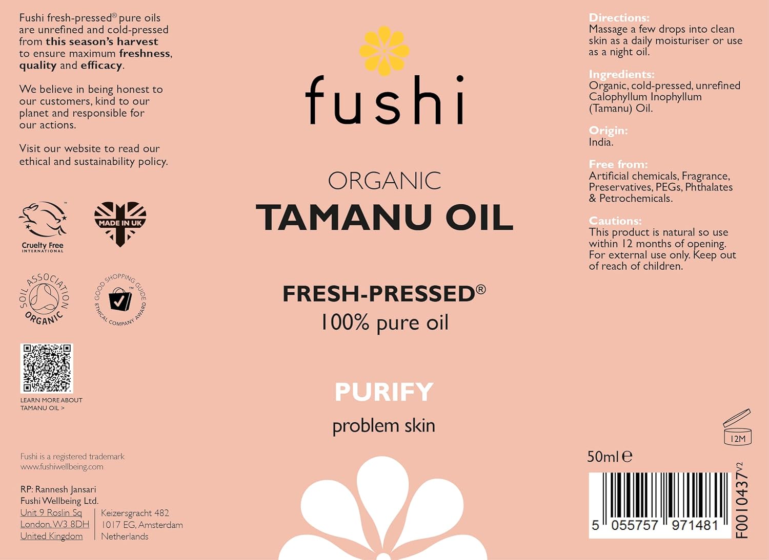 Fushi Organic Tamanu Oil packaging with branding and product details on a pink background