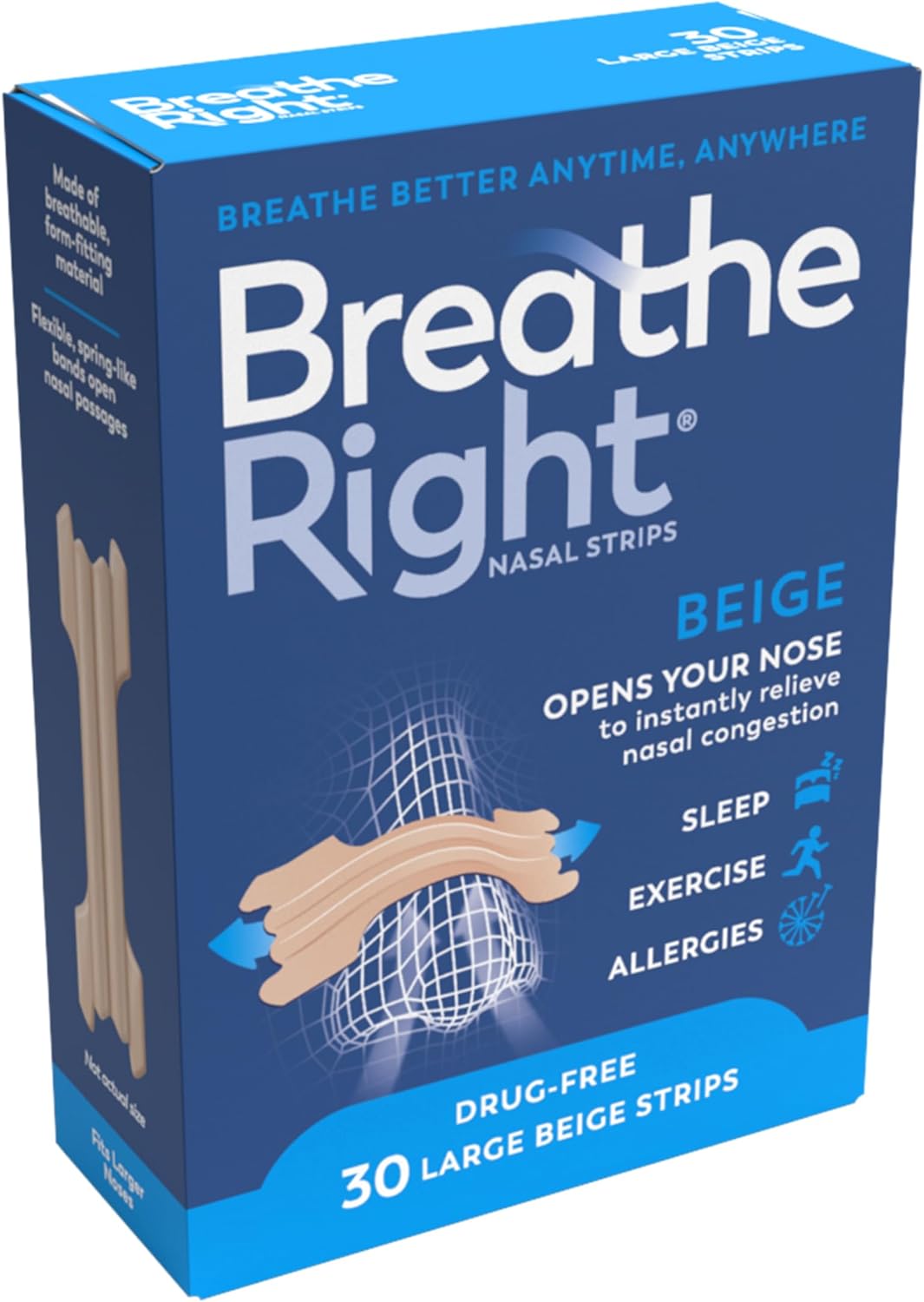 Breathe Right Original Tan Beige Nasal Strips package, Large size, 30 count.
