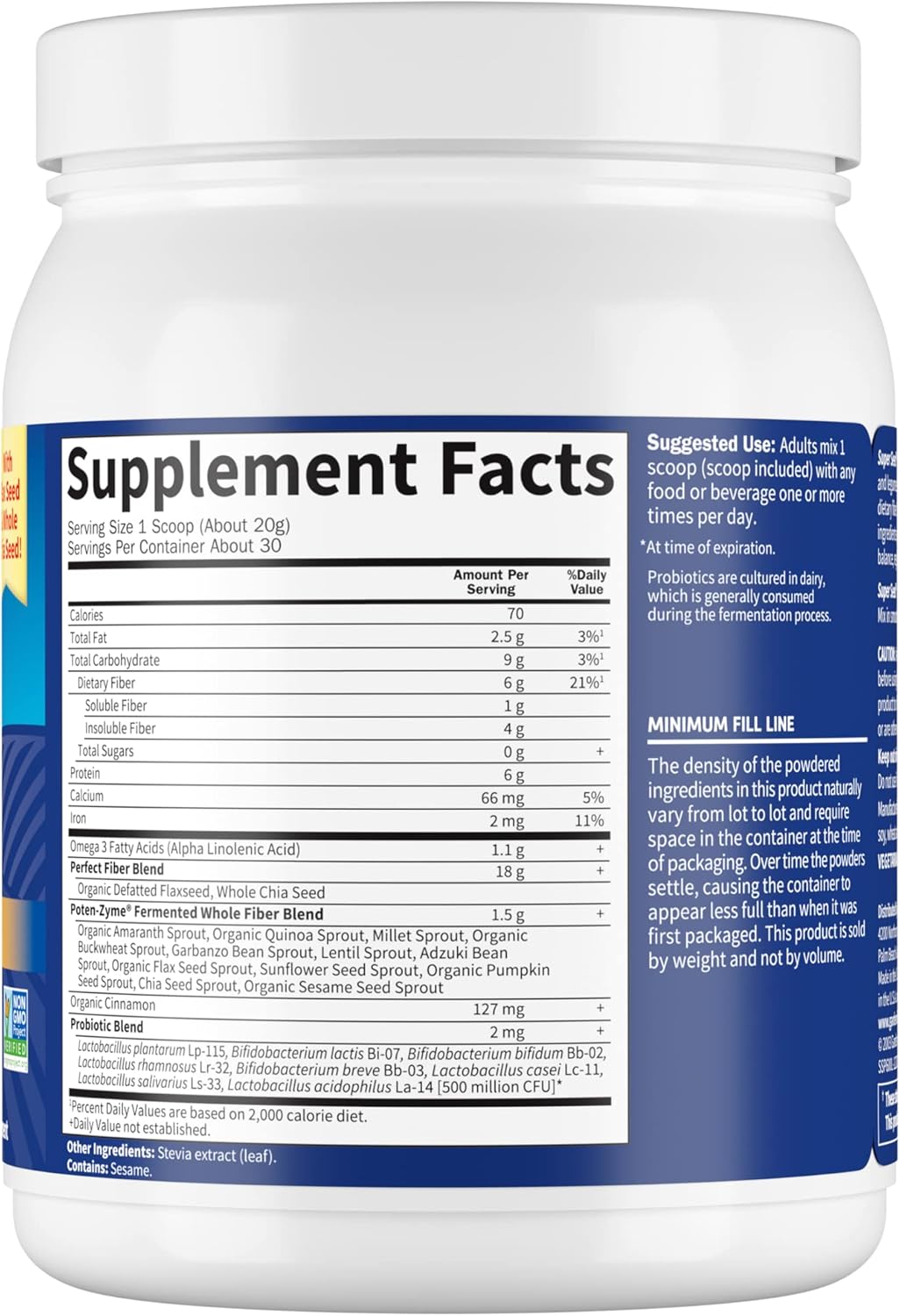 Supplement facts label for Super Seed powder with fiber and protein.