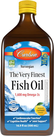 Front image: Carlson Very Finest Fish Oil liquid omega 3 1600 mg lemon 500ml bottle