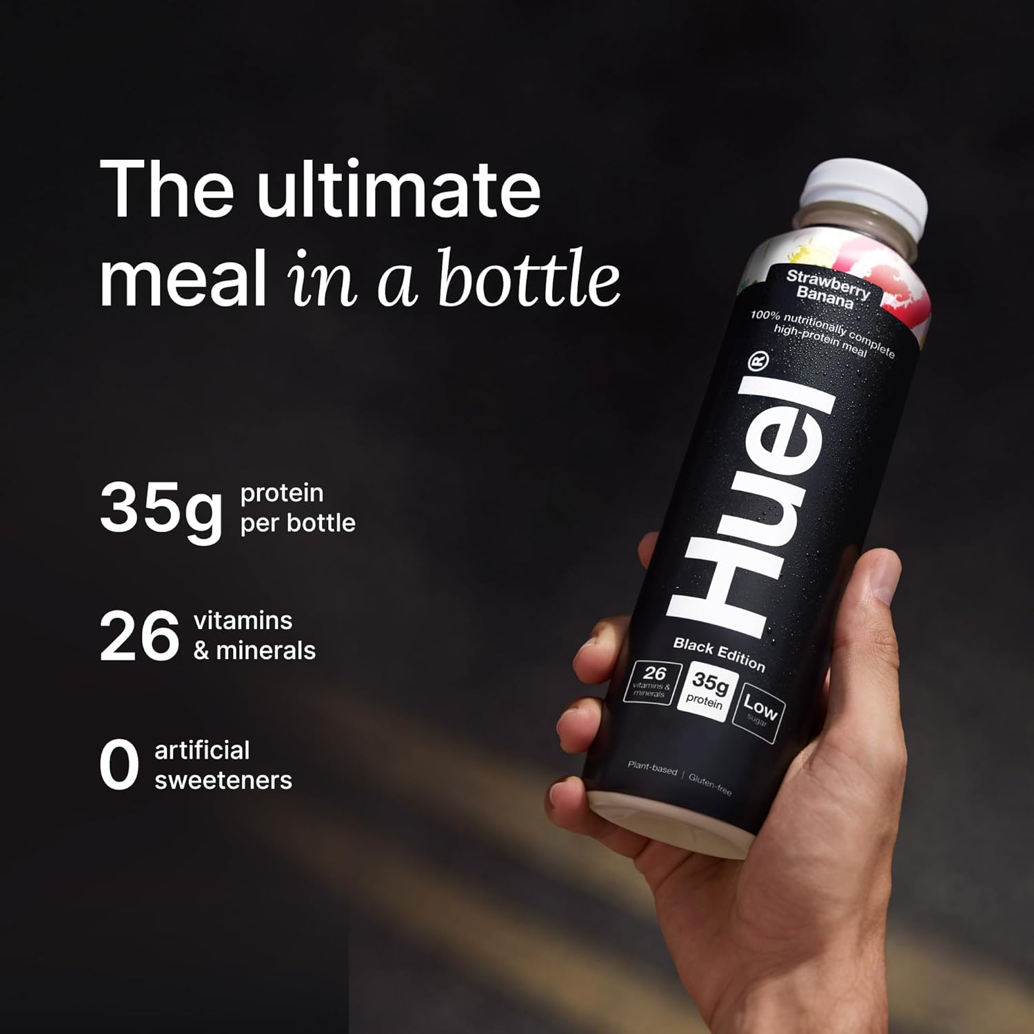 Huel Black Edition Ready-to-Drink Strawberry Banana meal drink bottle serving instructions 500ml bottle 8 pack