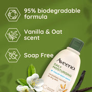 Aveeno Yogurt Body Wash bottle showing ingredients and usage instructions.