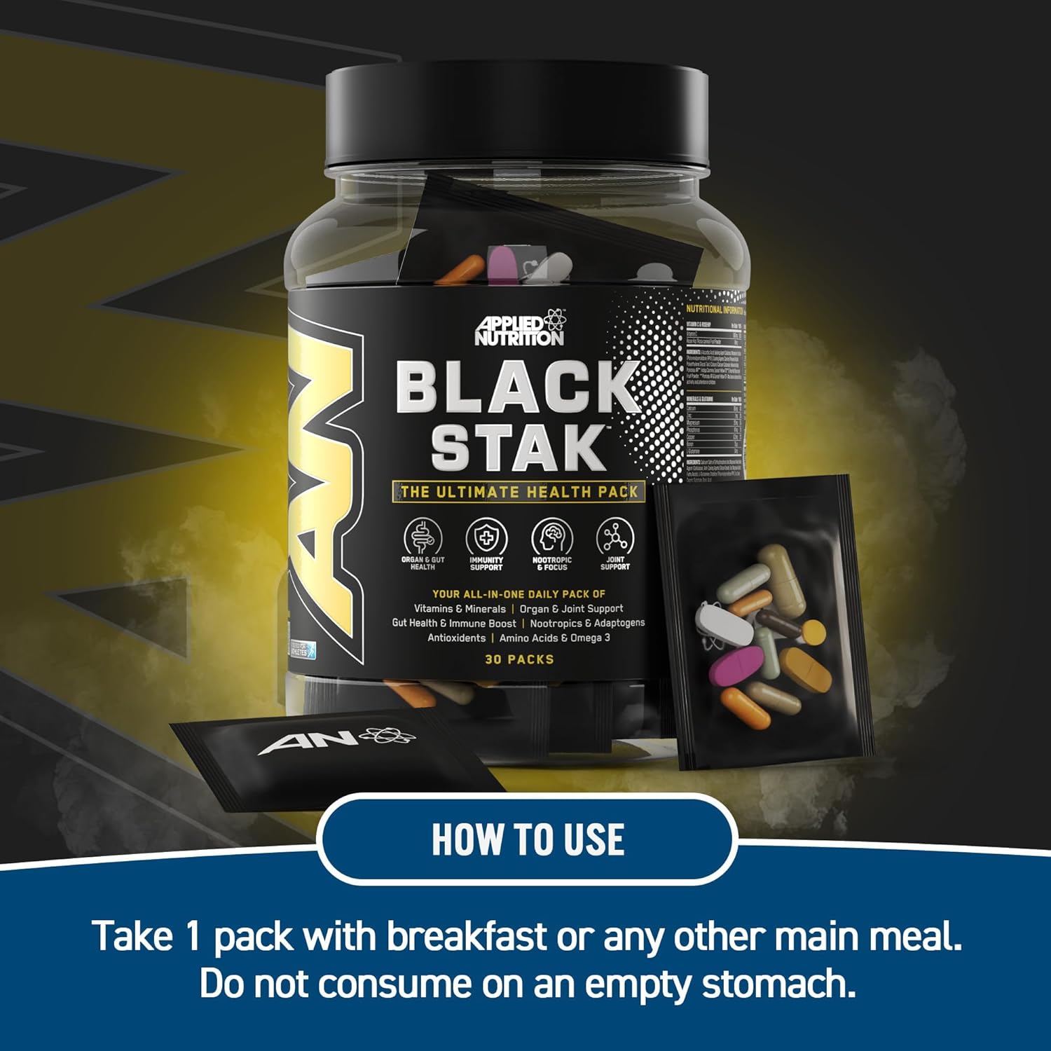 Supplement container labeled 'Black Stak' with instructions on a dark background