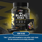 Supplement container labeled 'Black Stak' with instructions on a dark background