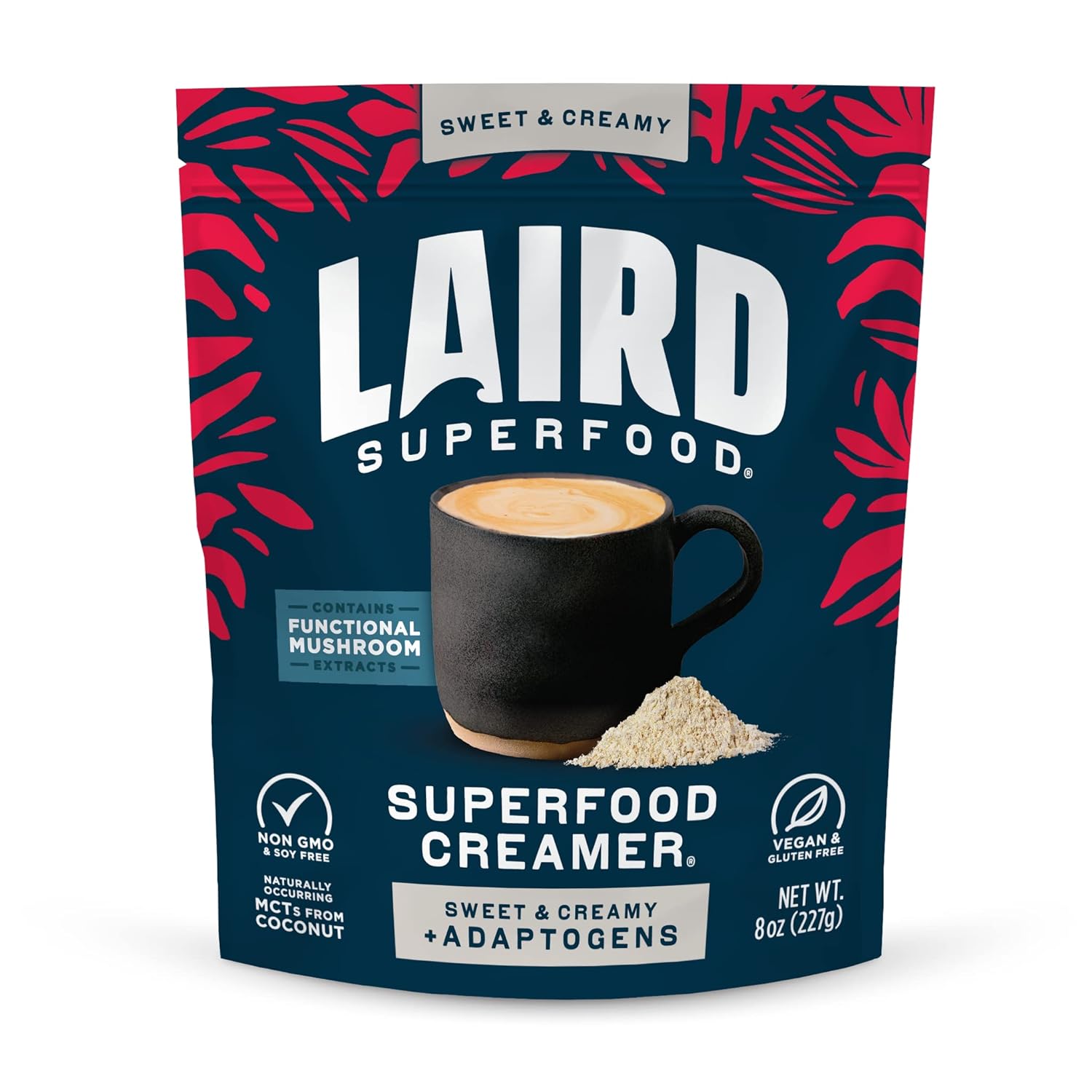 Laird Superfood sweet and creamy non-dairy creamer with mushrooms front pack 227g on white background