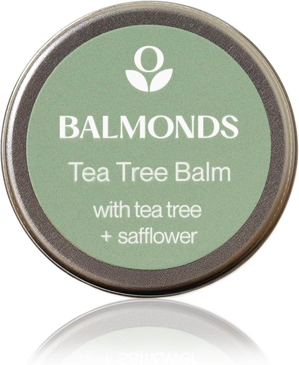 Front image: Balmonds Tea Tree Balm 15ml tin natural skin balm packaging