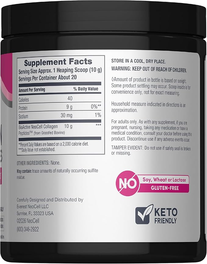 Supplement facts label for unflavored grass-fed collagen peptides powder.