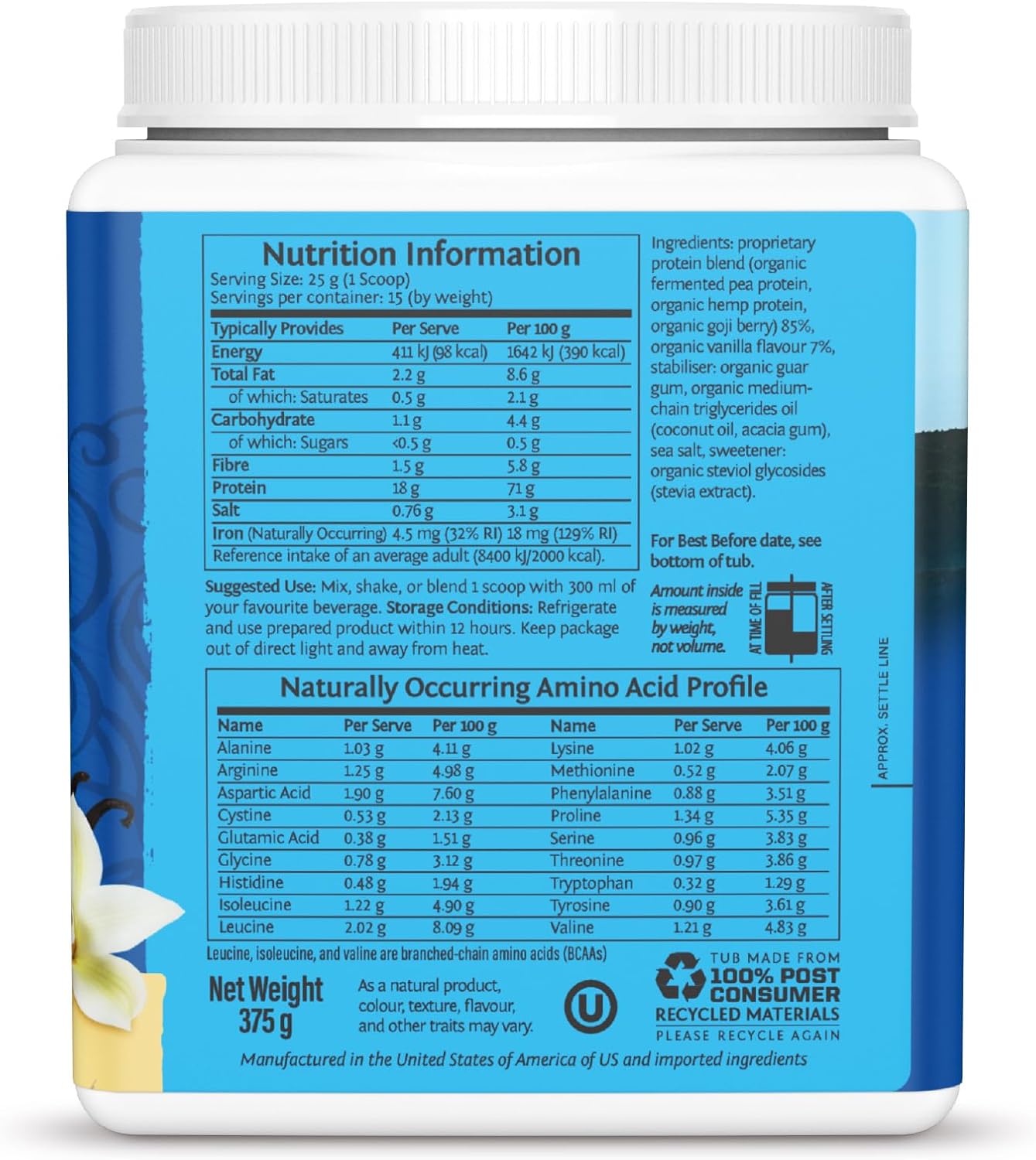 Back of Sunwarrior vanilla protein powder showing ingredient list.
