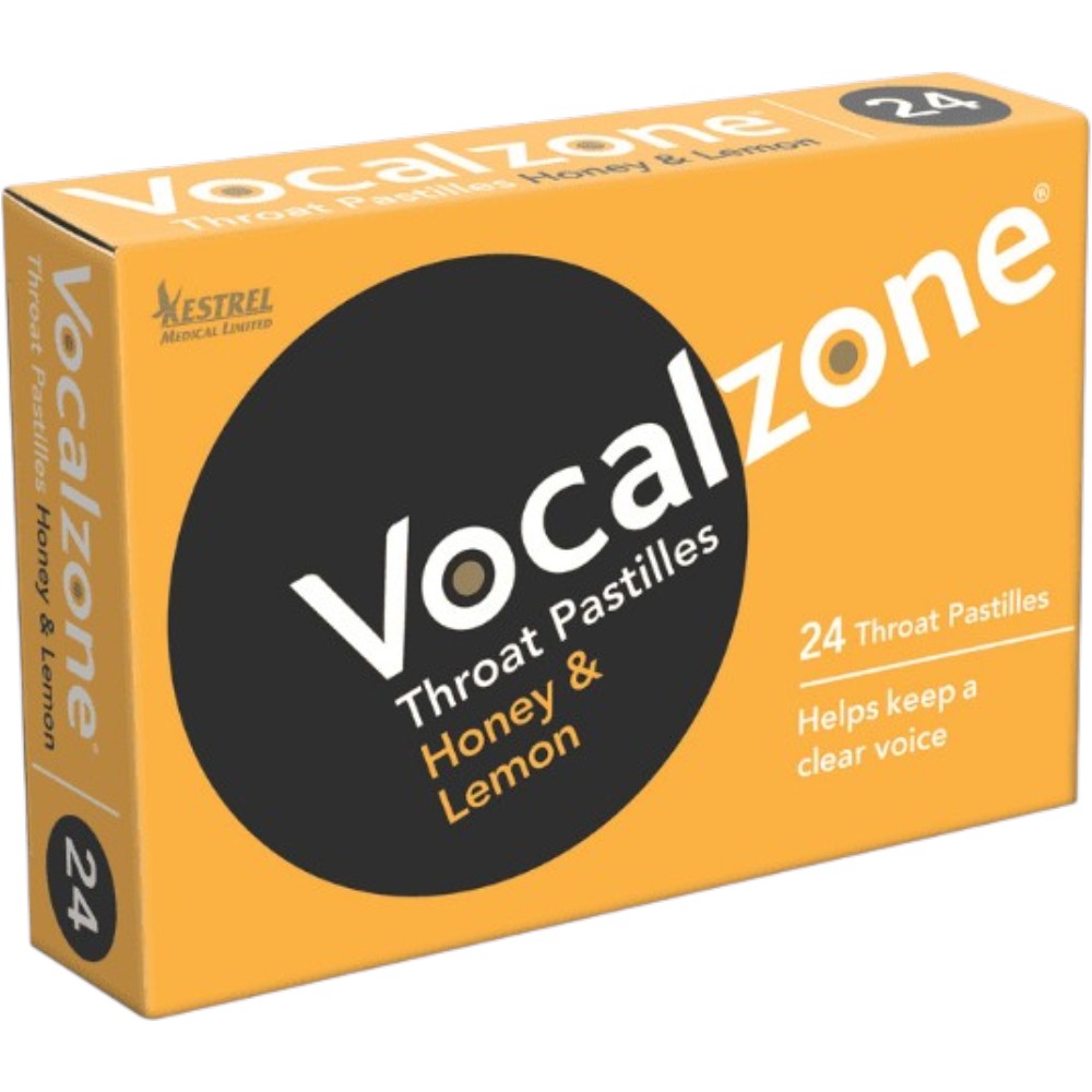 Vocalzone Honey and Lemon Throat Pastilles honey lemon flavour 24 count front packaging
