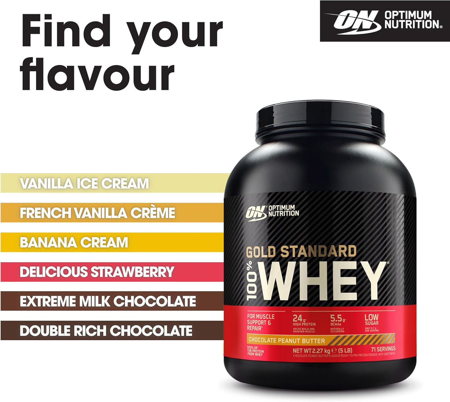 Optimum Nutrition Gold Standard 100% Whey protein powder container with flavor options listed.