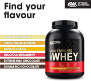Optimum Nutrition Gold Standard 100% Whey protein powder container with flavor options listed.