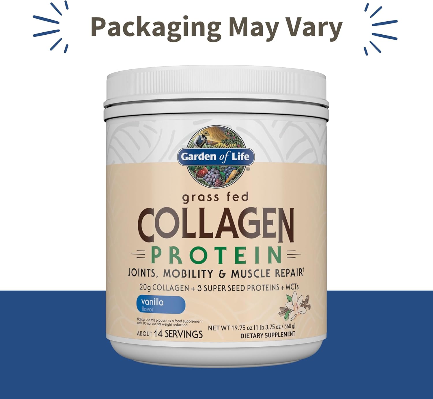 Garden of Life Grass Fed Collagen Protein Powder tub, Vanilla, 560g. packaging may vary.