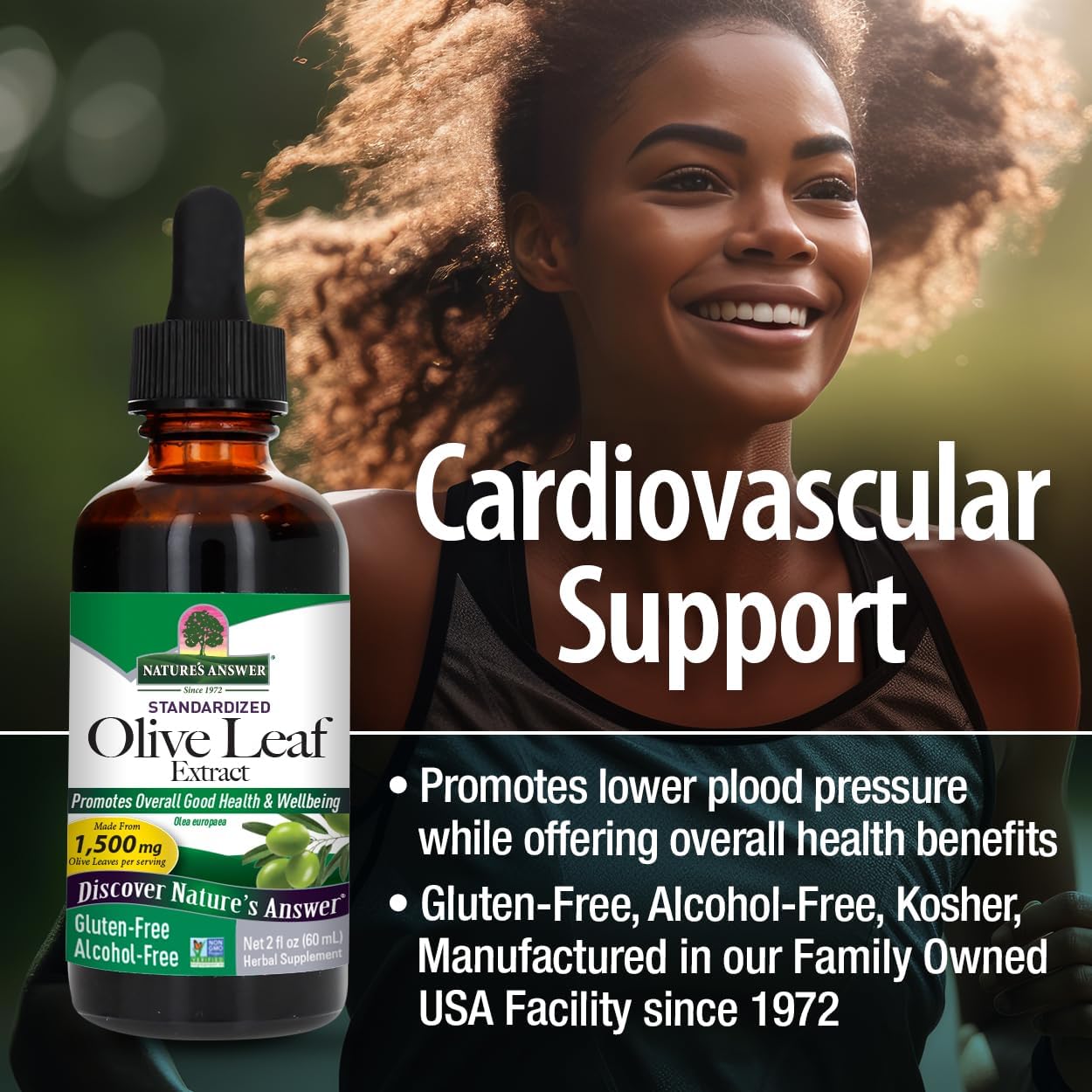 Nature's Answer Olive Leaf Extract bottle with a woman in the background and text about cardiovascular support.