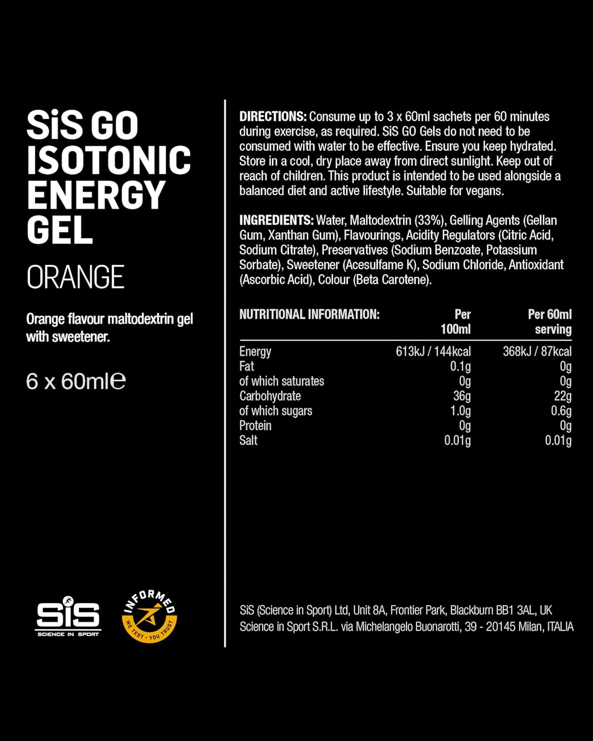 Directions, nutritional information panel on back of SIS gel sachet.