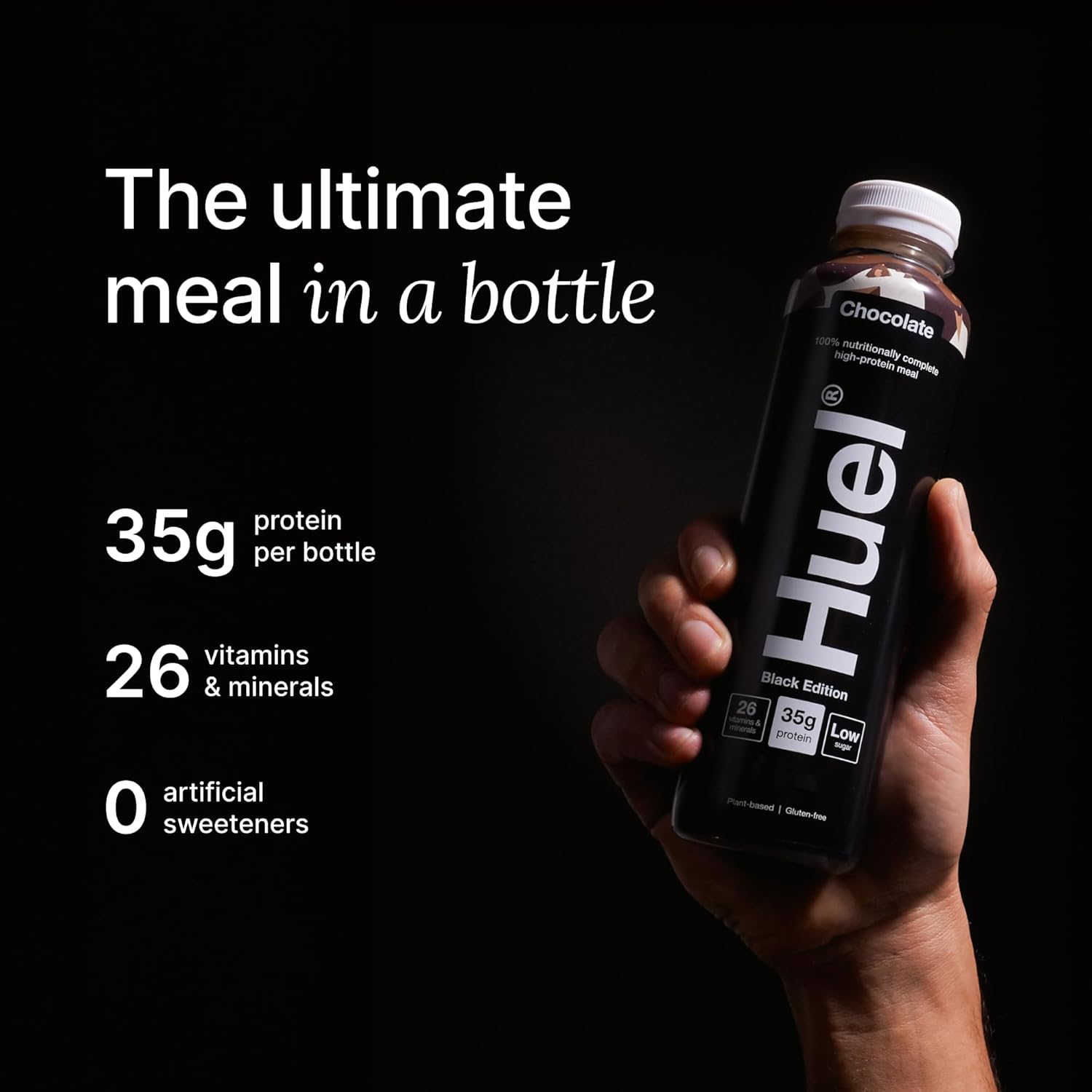 Huel Black Edition Ready-to-Drink Chocolate meal drink bottle serving instructions 500ml bottle 8 pack