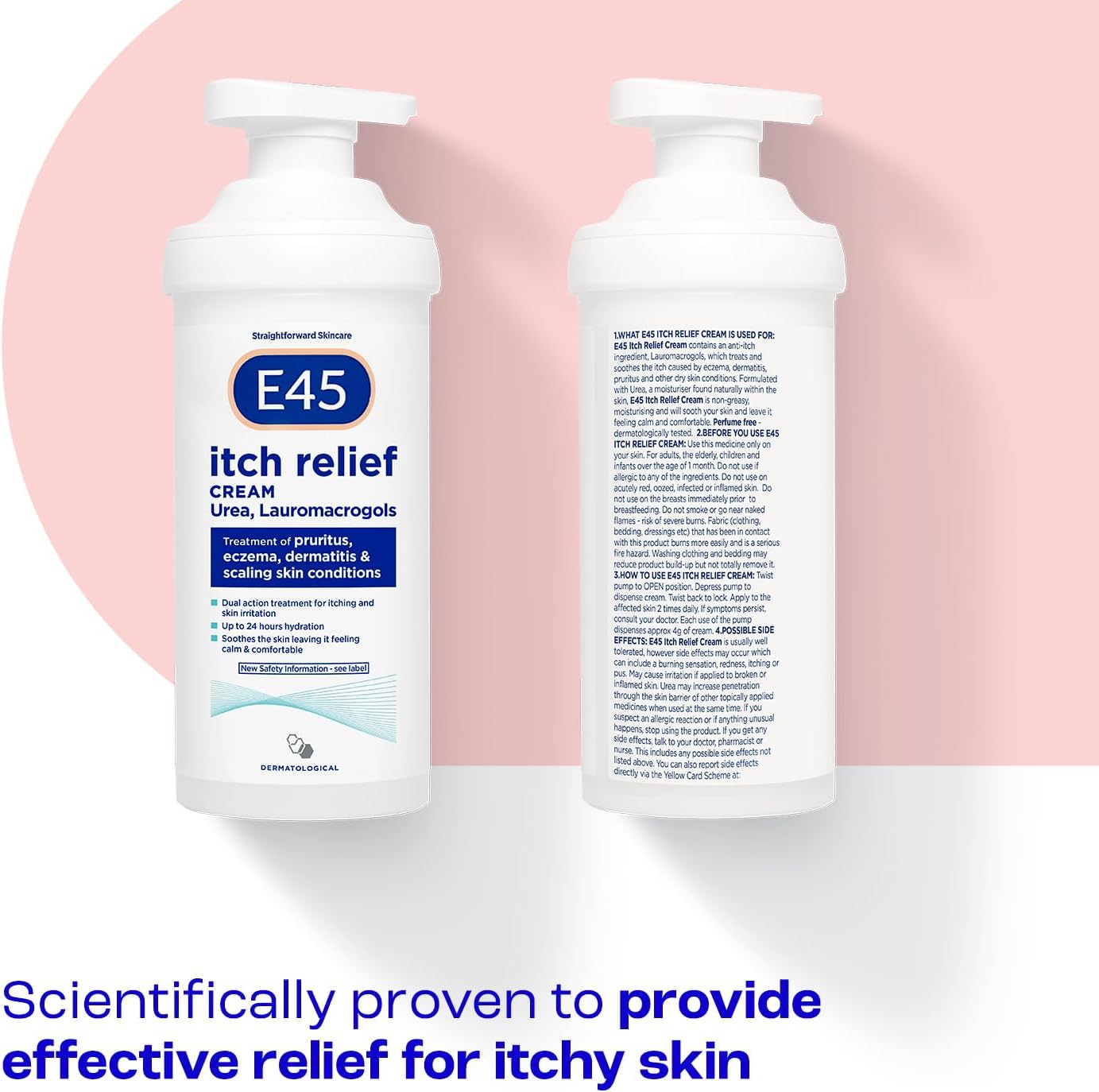 Front & back of E45 cream bottle showing ingredients.