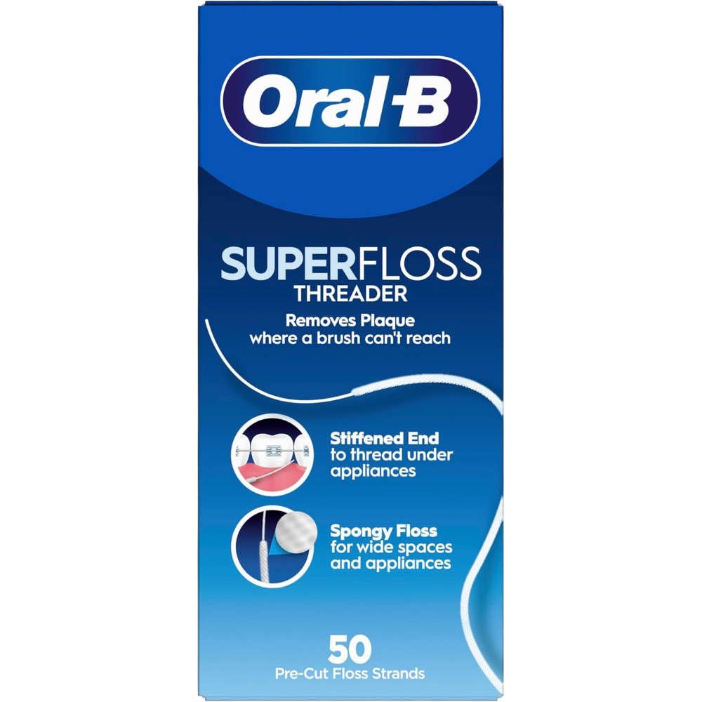 Oral-B Superfloss Threader Dental Floss 50 pre-cut strands front packaging