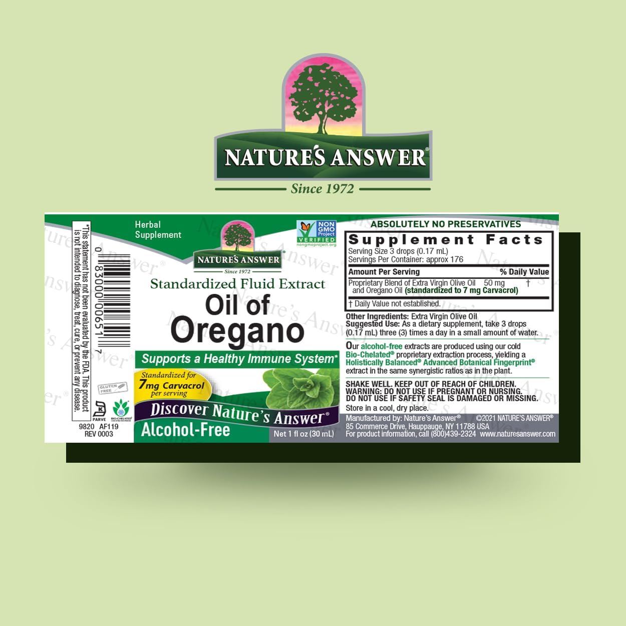 Nature's Answer Oil of Oregano supplement label on a light green background