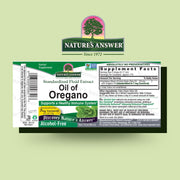 Nature's Answer Oil of Oregano supplement label on a light green background