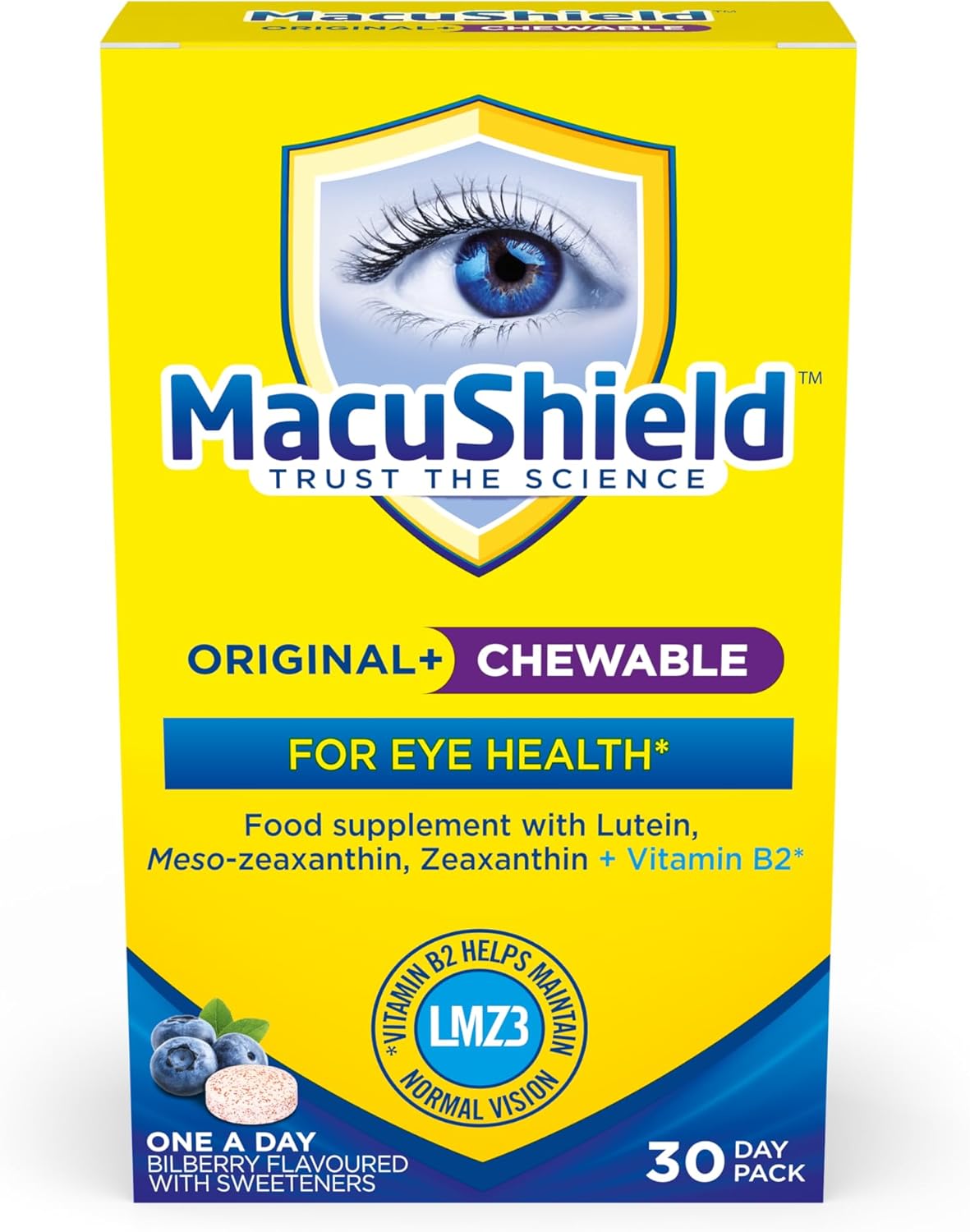 MacuShield Original Plus Chewable bilberry flavour 30 tablets front box on white background
