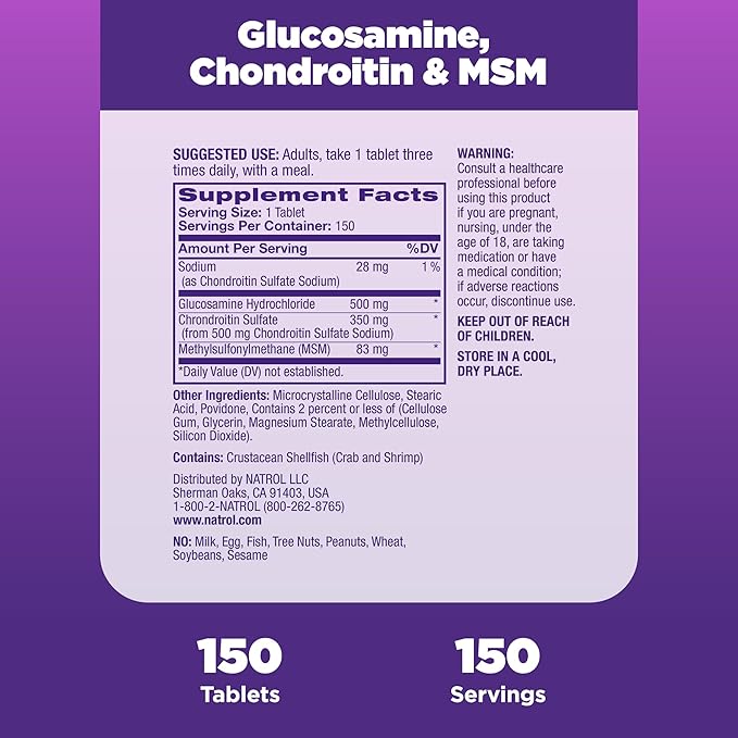 Supplement facts label and instructions for Natrol Glucosamine Chondroitin MSM joint support tablets.