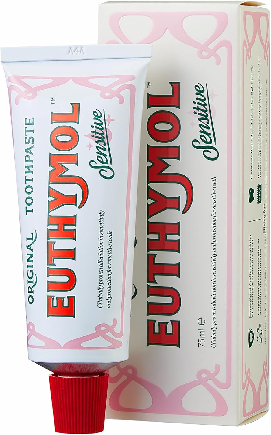 Front image: Euthymol sensitive fluoride toothpaste tube & box 75ml single pack