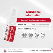 Nutrition panel and directions for BetterYou D3+K2 Spray.