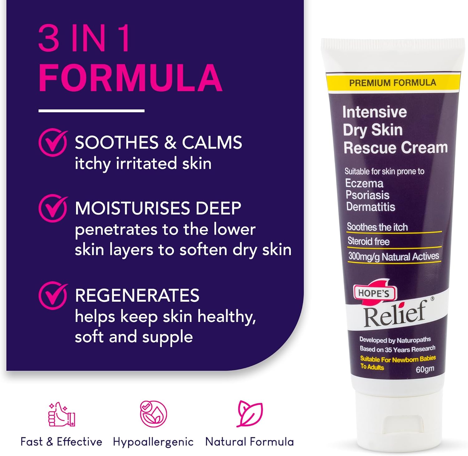 Hopes Relief Intensive Dry Skin Rescue Cream with product details on a purple background