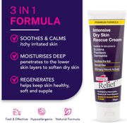 Hopes Relief Intensive Dry Skin Rescue Cream with product details on a purple background