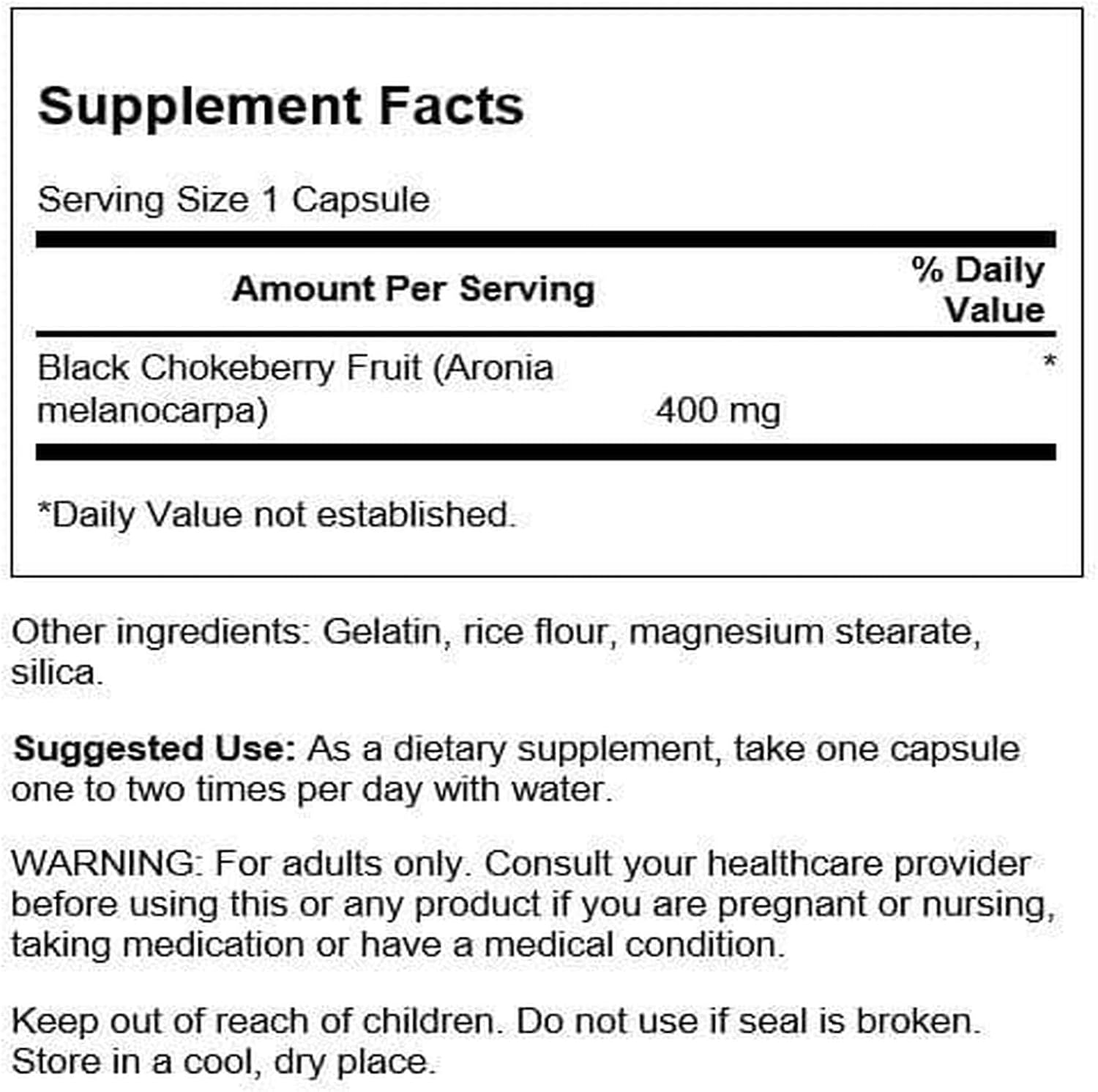 Supplement facts label for Black Chokeberry Fruit dietary supplement